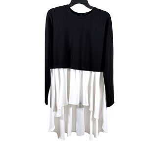 Women’s Size 12 Black White Contrast Hem Layered Long Sleeve High Low Top Modest